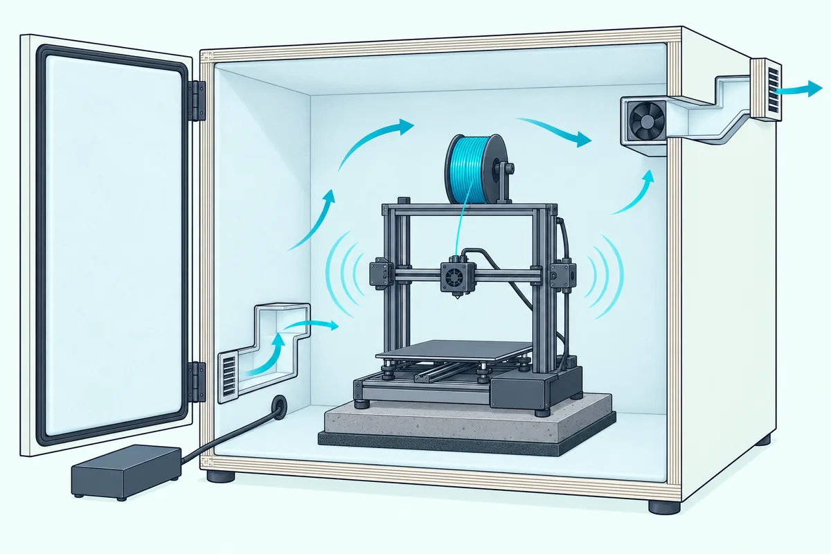 A cutaway of a ventilated plywood cabinet around a 3D printer on a paver, with lined, bent vents and a fan