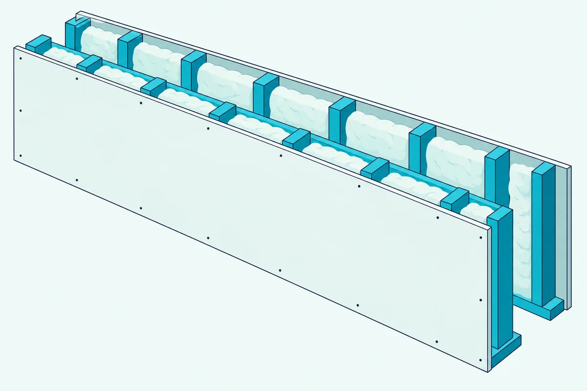 A cutaway of a wall built on two separate rows of studs with insulation and drywall on each side