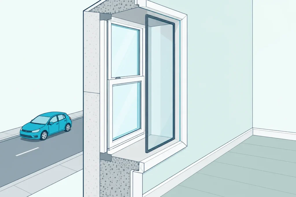 A cutaway of a window with sealed trim and a clear interior insert set inches inside the old glass