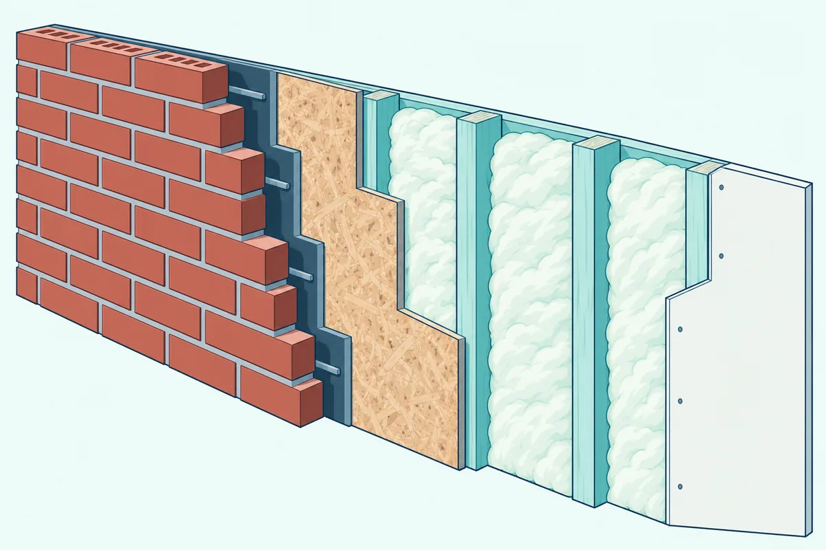 A cutaway of an exterior frame wall with insulation in the cavity and a face-brick veneer on the outside
