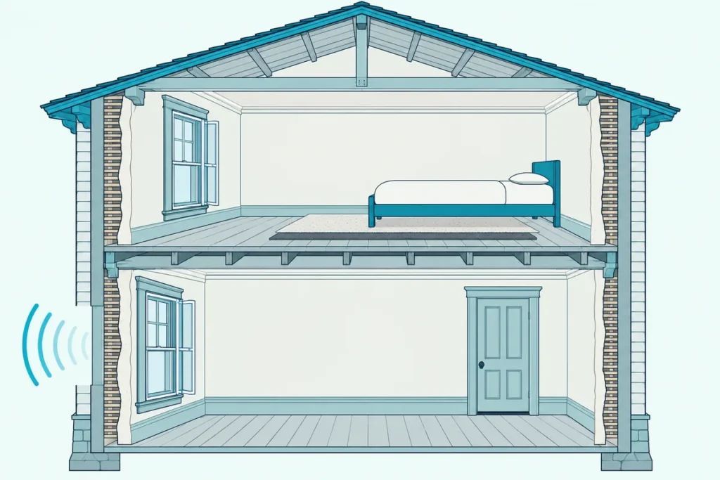 Cutaway of an old two-story house with plaster walls, a storm window, a sealed panel door and a rug on the upstairs floor