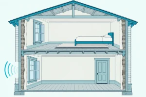Cutaway of an old two-story house with plaster walls, a storm window, a sealed panel door and a rug on the upstairs floor