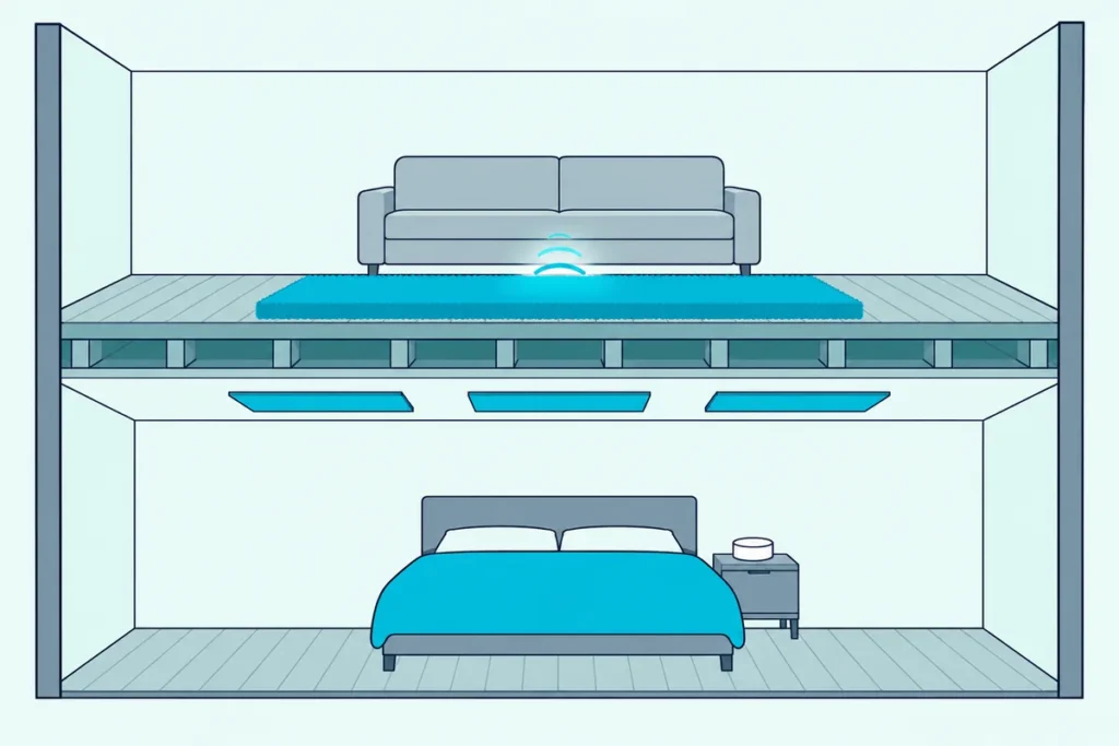A cutaway of two stacked rooms, a thick rug upstairs and ceiling panels and a white noise machine in the bedroom below