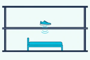 Two stacked rooms in cutaway, with a shoe on the upper floor and thump lines reaching a bed in the room below