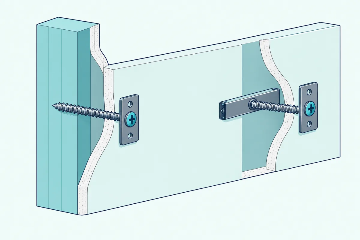 A cutaway wall showing one screw driven into a wooden stud and one toggle anchor gripping the back of the drywall