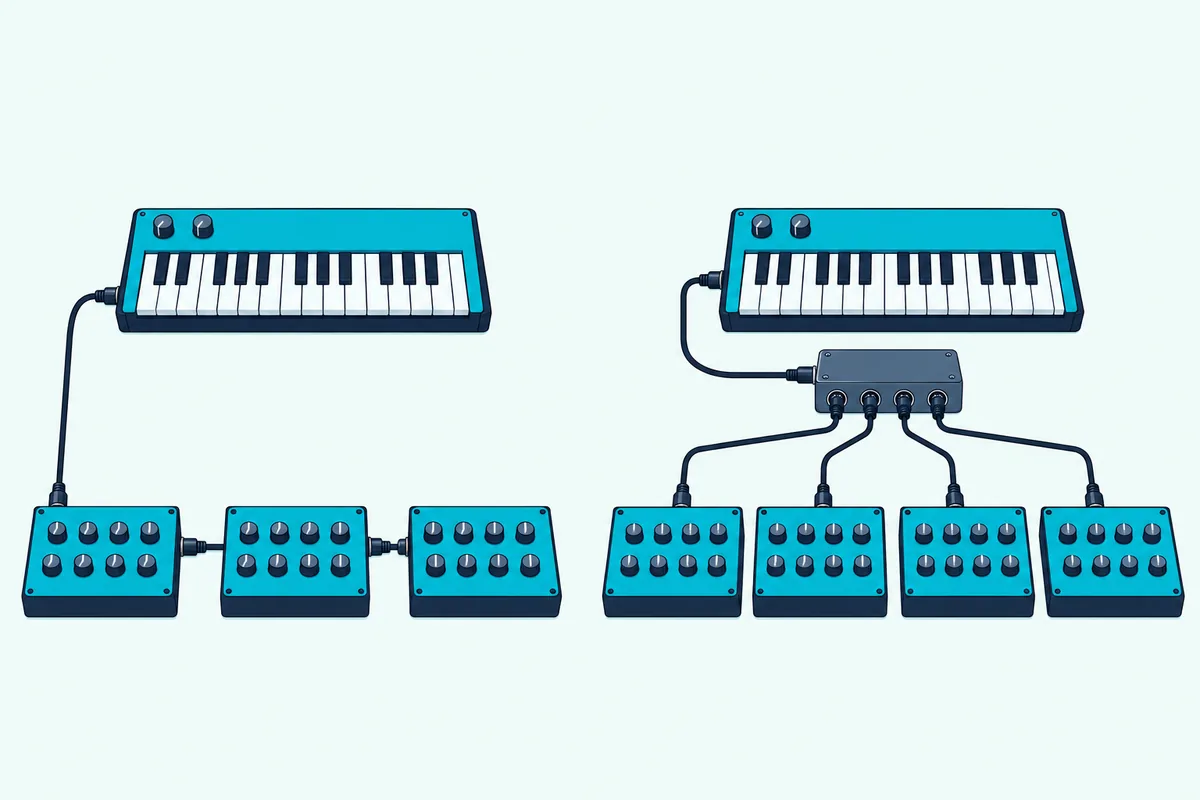 A keyboard feeding three synth modules in a daisy chain beside a keyboard and thru box feeding four synth modules directly