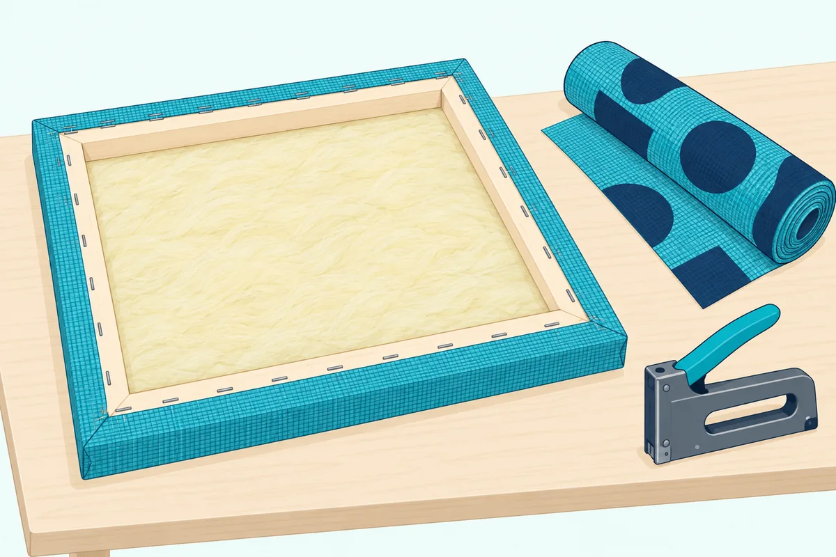 A DIY canvas art acoustic panel with a wooden frame, a mineral wool core and a printed fabric face stapled at the back
