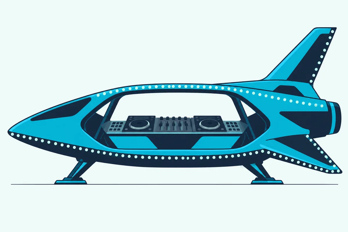 A DJ booth inside a spaceship-shaped stage, holding two club media players and a four-channel mixer