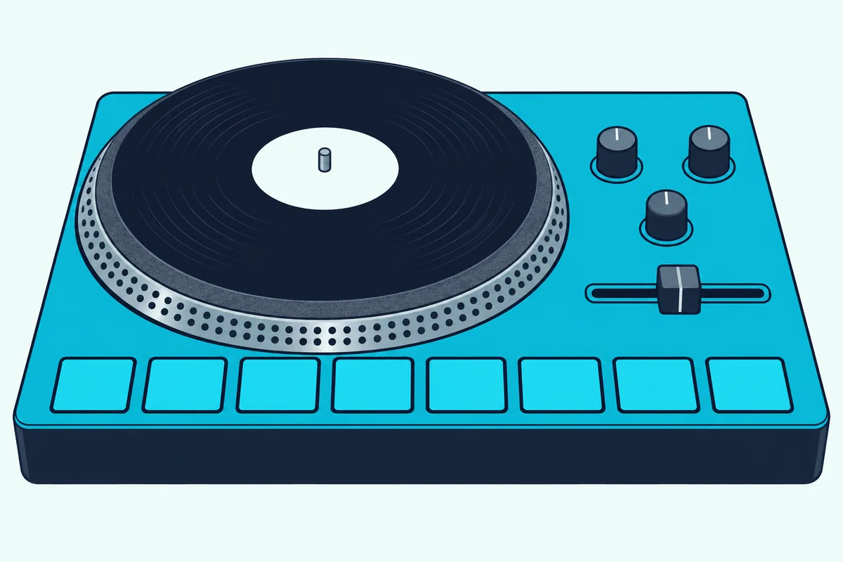 Motorized platter with a slipmat and a vinyl-style disc on a DJ controller deck beside a short crossfader