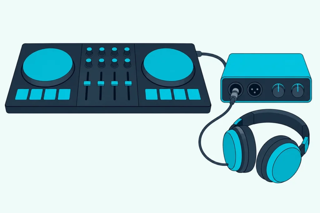 A DJ controller on a desk beside a compact audio interface, with a pair of headphones plugged into the interface