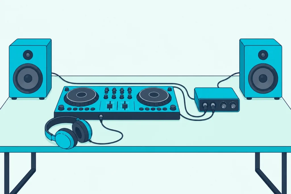 A DJ controller on a desk cabled into a small audio interface, which feeds two studio monitors on either side