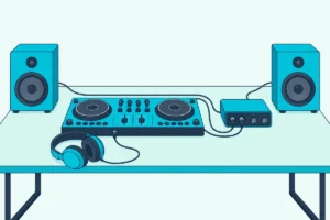 A DJ controller on a desk cabled into a small audio interface, which feeds two studio monitors on either side