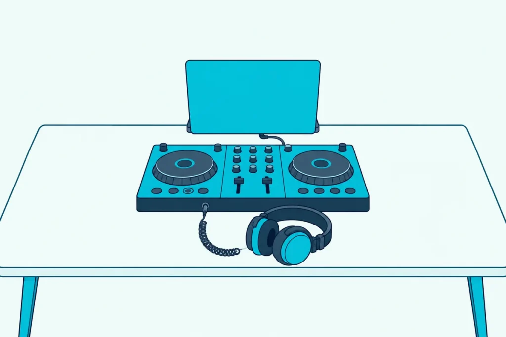 A DJ controller on a desk with headphones plugged into its front and no speakers anywhere in the room