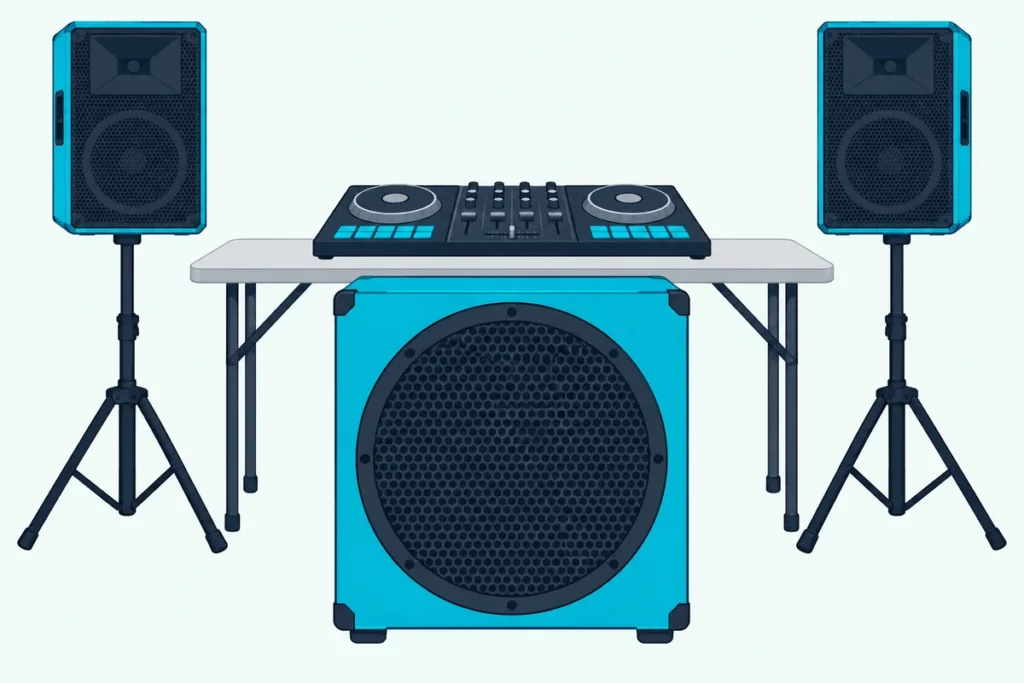 A DJ controller on a table between two speakers on stands, with a large subwoofer cabinet on the floor in front