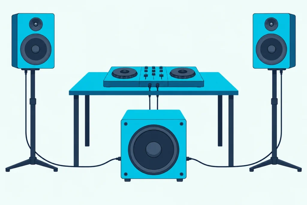 A DJ controller on a table cabled to a subwoofer on the floor, which feeds two speakers on stands