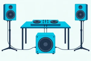 A DJ controller on a table cabled to a subwoofer on the floor, which feeds two speakers on stands