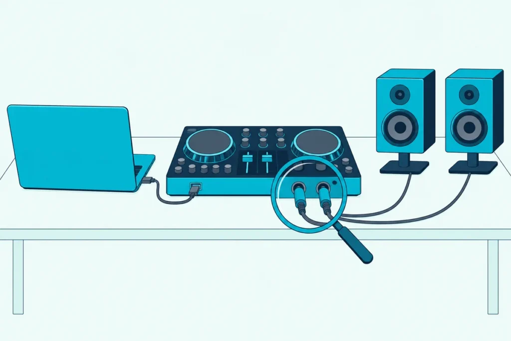 A DJ controller wired to a laptop and two powered speakers, with a magnifying glass over its rear output jacks