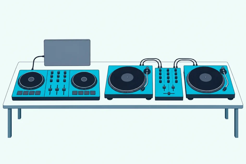 A two-deck DJ controller with a closed laptop beside two turntables and a two-channel DJ mixer on one long table