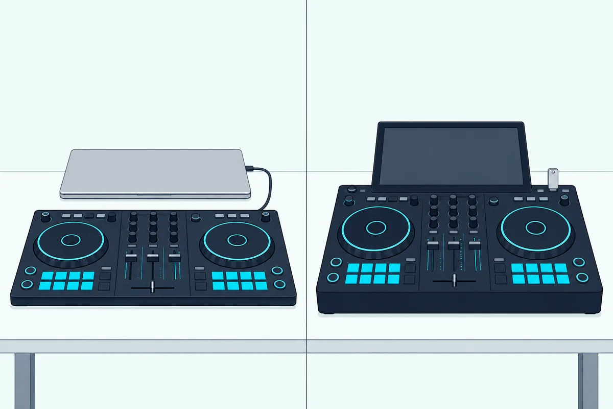DJ controller with a closed laptop beside a standalone DJ unit with its own blank touchscreen and a USB stick