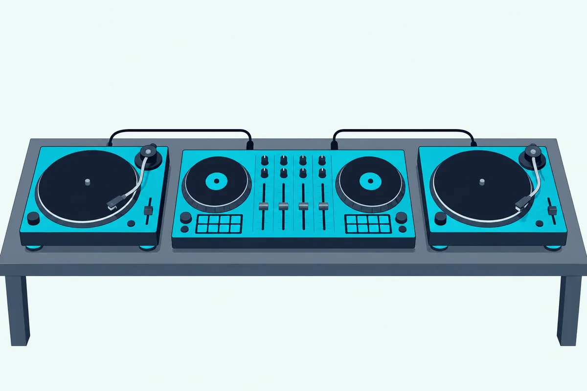 A DJ controller on a table with a turntable on each side and a cable from each turntable to the back of the controller