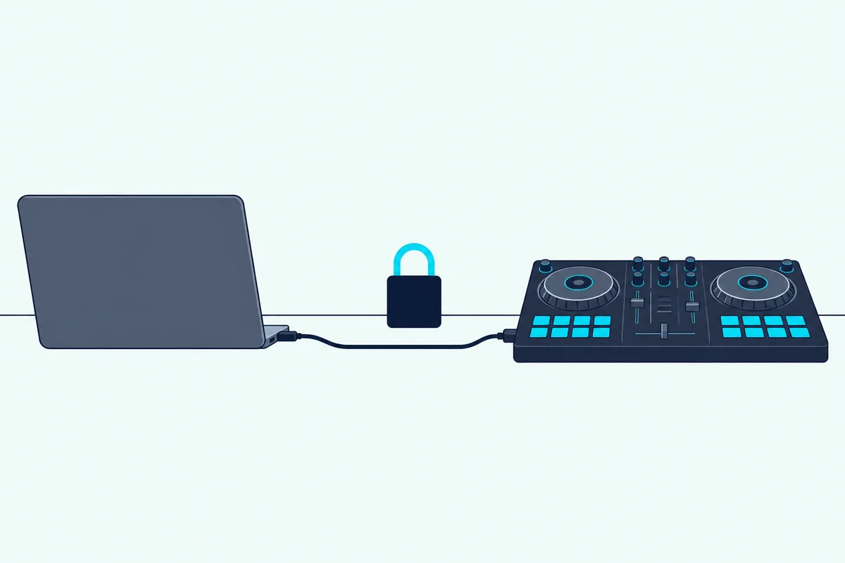 A DJ controller with lit buttons joined to a laptop by a cable, with a padlock over the cable between them