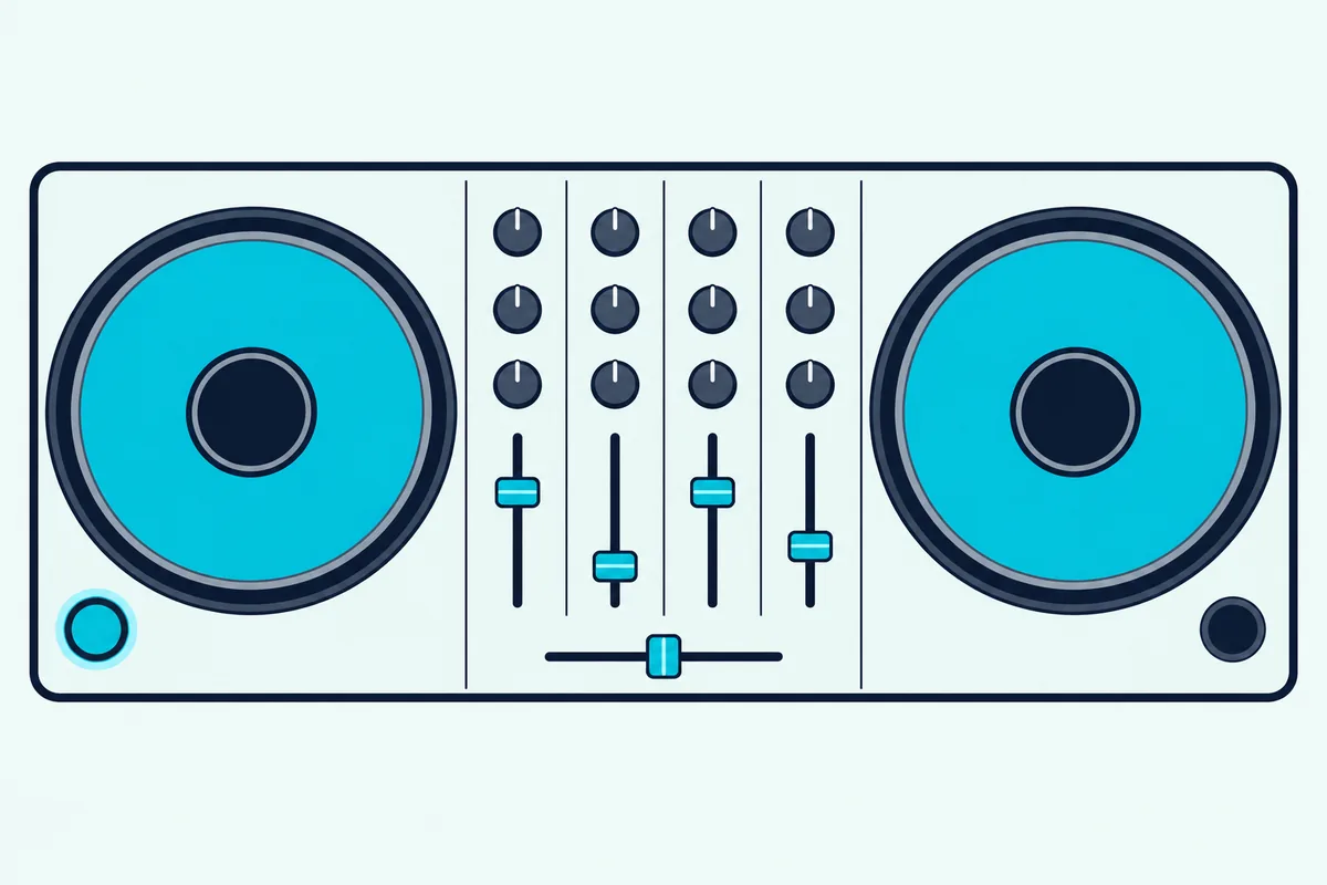 A DJ controller with two round jog wheels and a center mixer with four vertical channel faders, seen from above