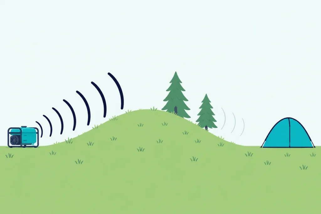 A dome tent pitched far from a portable generator, with an earth mound between them so the sound bends over and fades