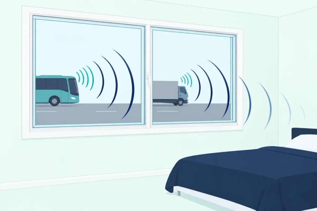 A double pane window in a bright bedroom, with low traffic sound waves passing through the glass from the street