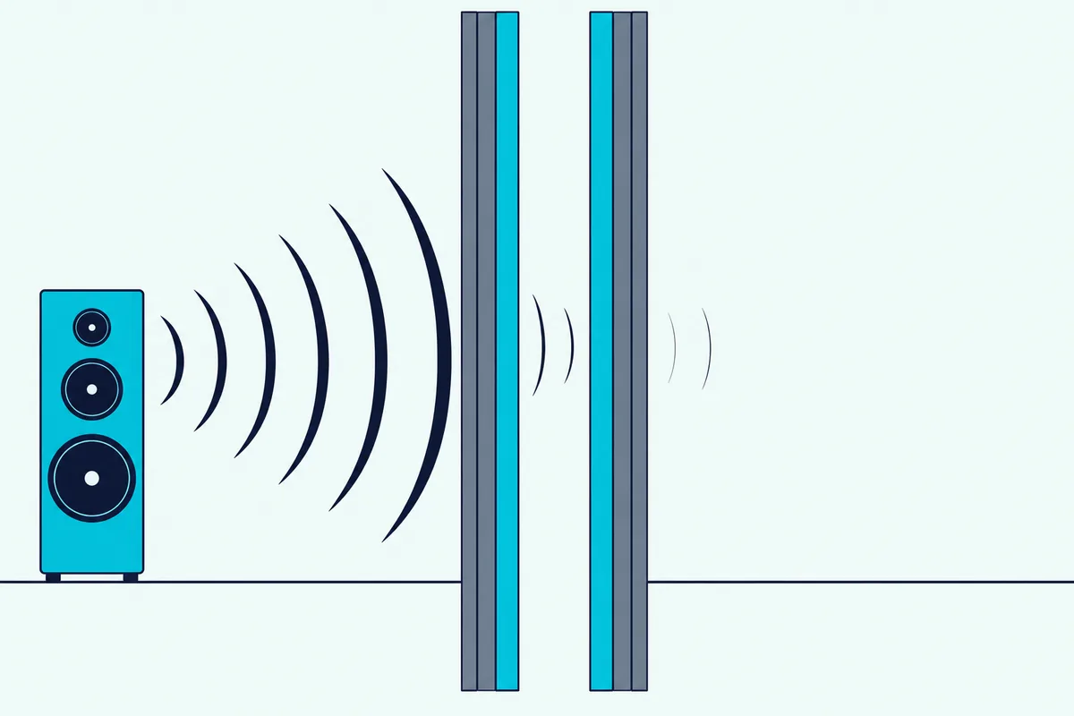 A double-stud wall with an air gap between two rooms, with bass waves from a speaker weakening as they cross it