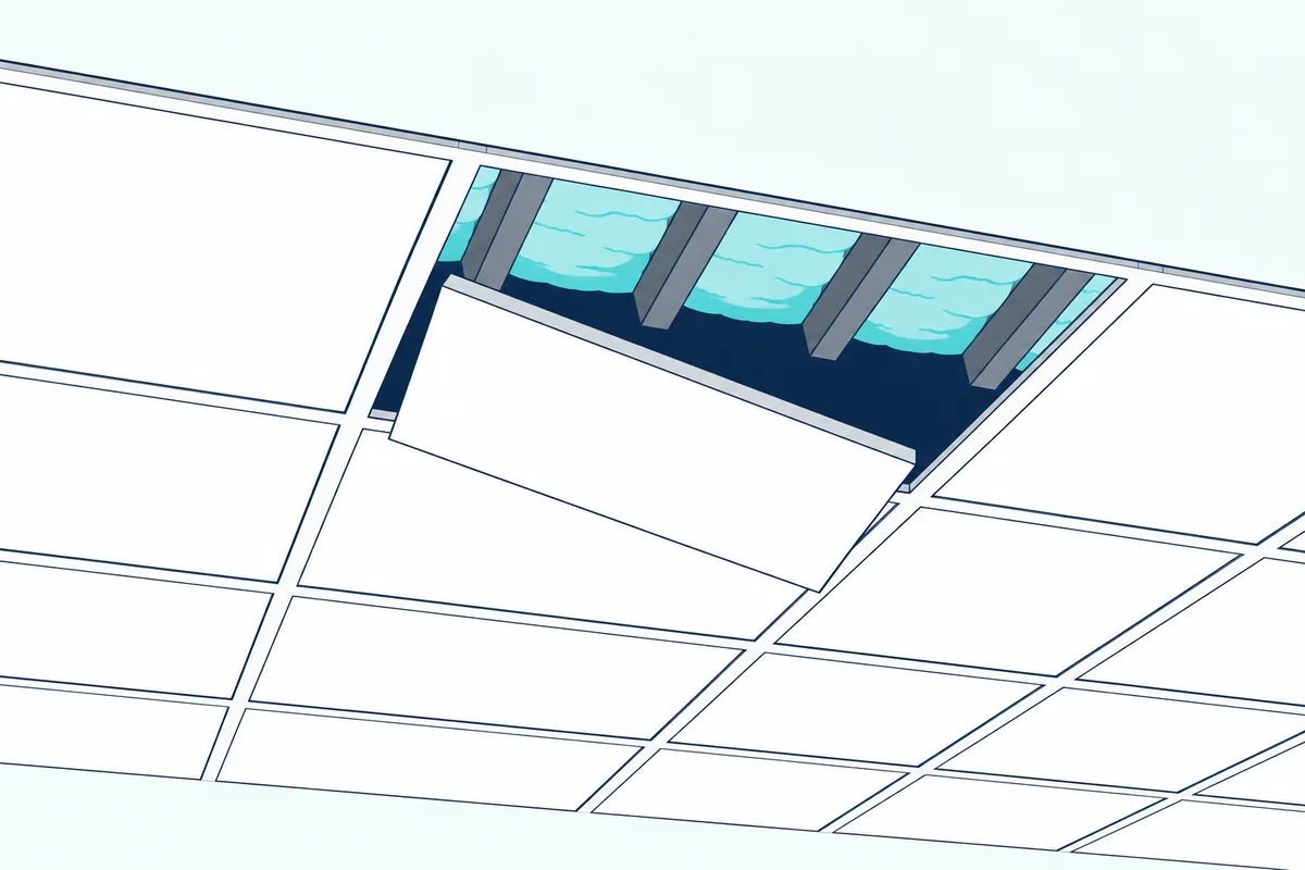 A suspended ceiling grid with one tile lifted out showing insulation between the joists in the space above