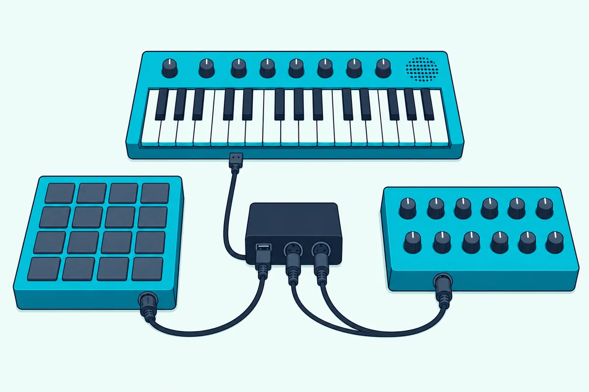 A drum machine cabled into a host box whose USB port feeds a keyboard synth and whose 5-pin output feeds a synth module
