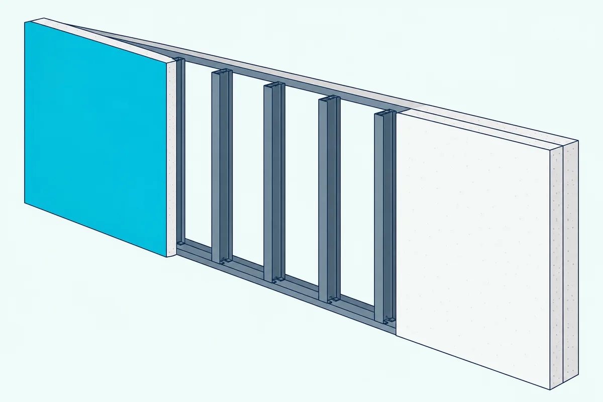 A drywall wall cutaway showing a thin paint film on one face beside a second thick drywall sheet added to the other face