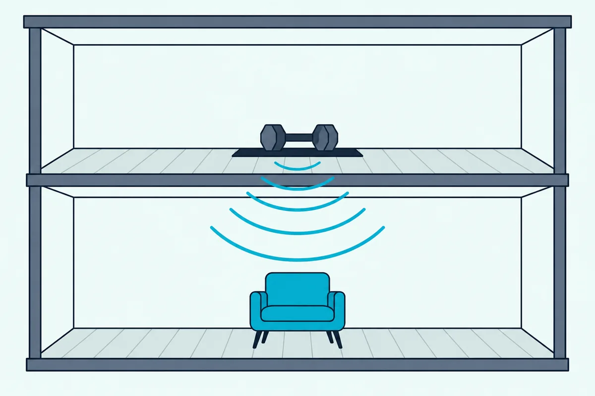 A dumbbell resting on a thin rubber mat on a wooden floor with curved sound waves passing down into the room below