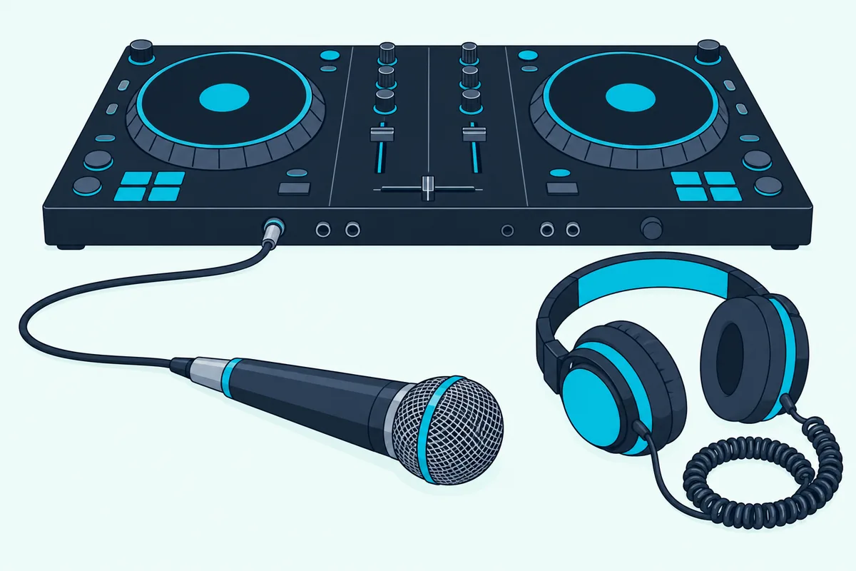 A dynamic microphone connected by a cable to the back of a DJ controller beside a pair of headphones