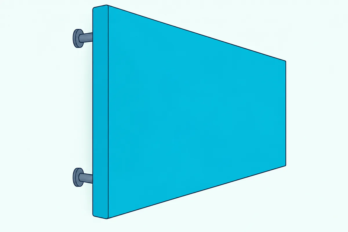 A fabric acoustic panel hung on standoff brackets with a gap of a few inches between it and the wall