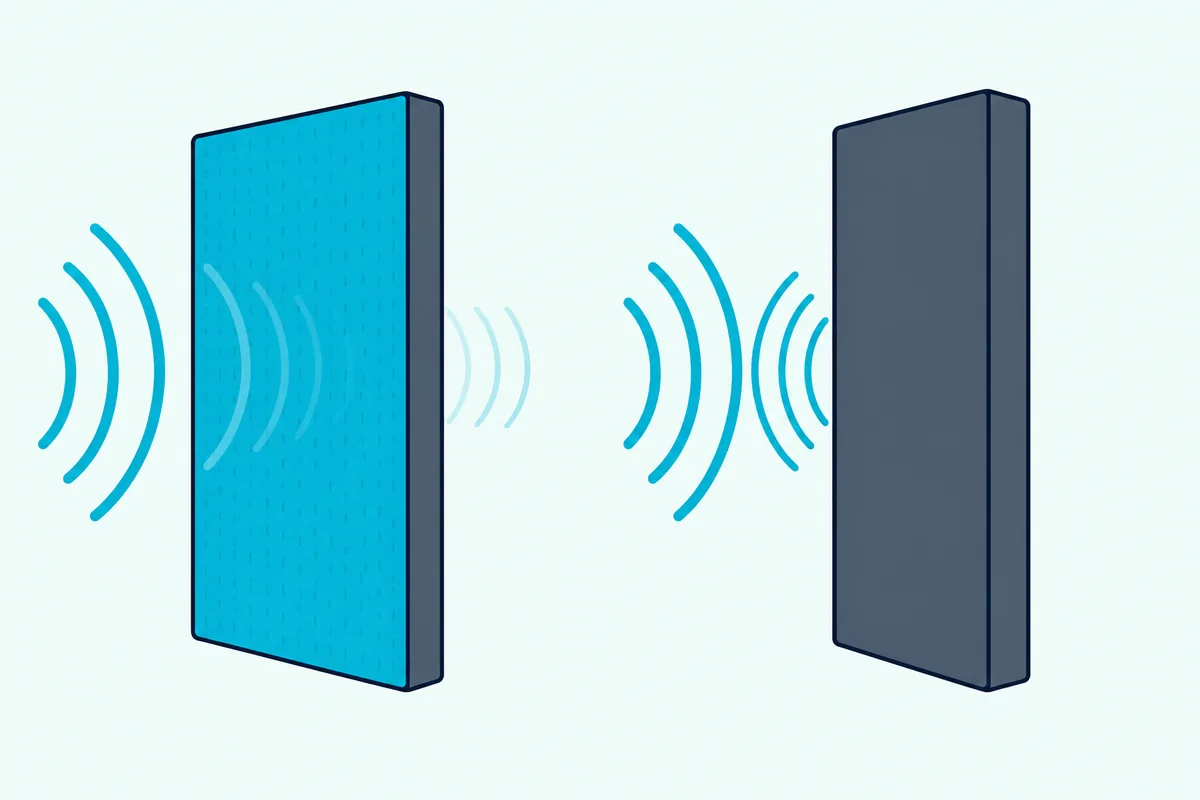A fabric acoustic panel letting sound arcs pass into it beside a thick solid slab reflecting the same arcs back