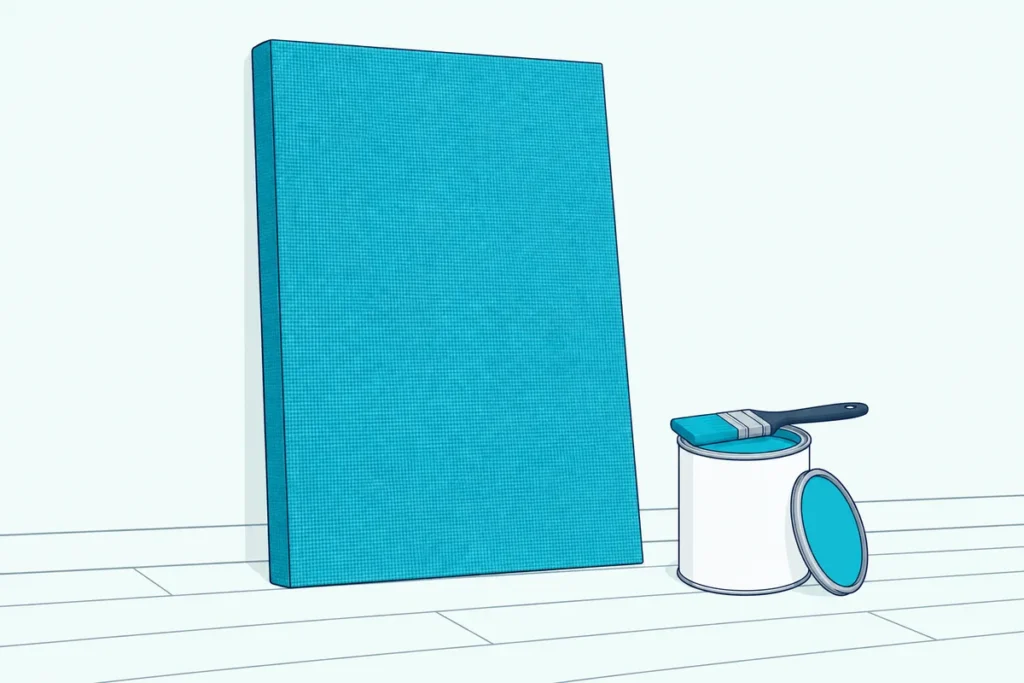 A fabric-wrapped acoustic panel leaning against a wall next to an open paint can with a brush across its lid