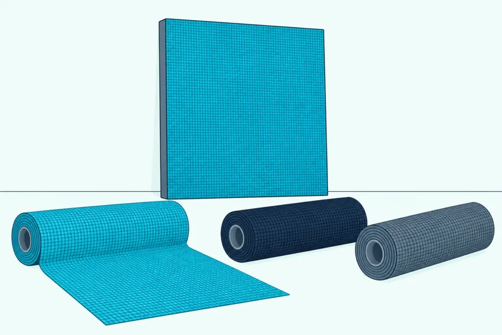 A fabric-wrapped acoustic panel leaning against a wall beside three rolls of plain woven fabric, one partly unrolled