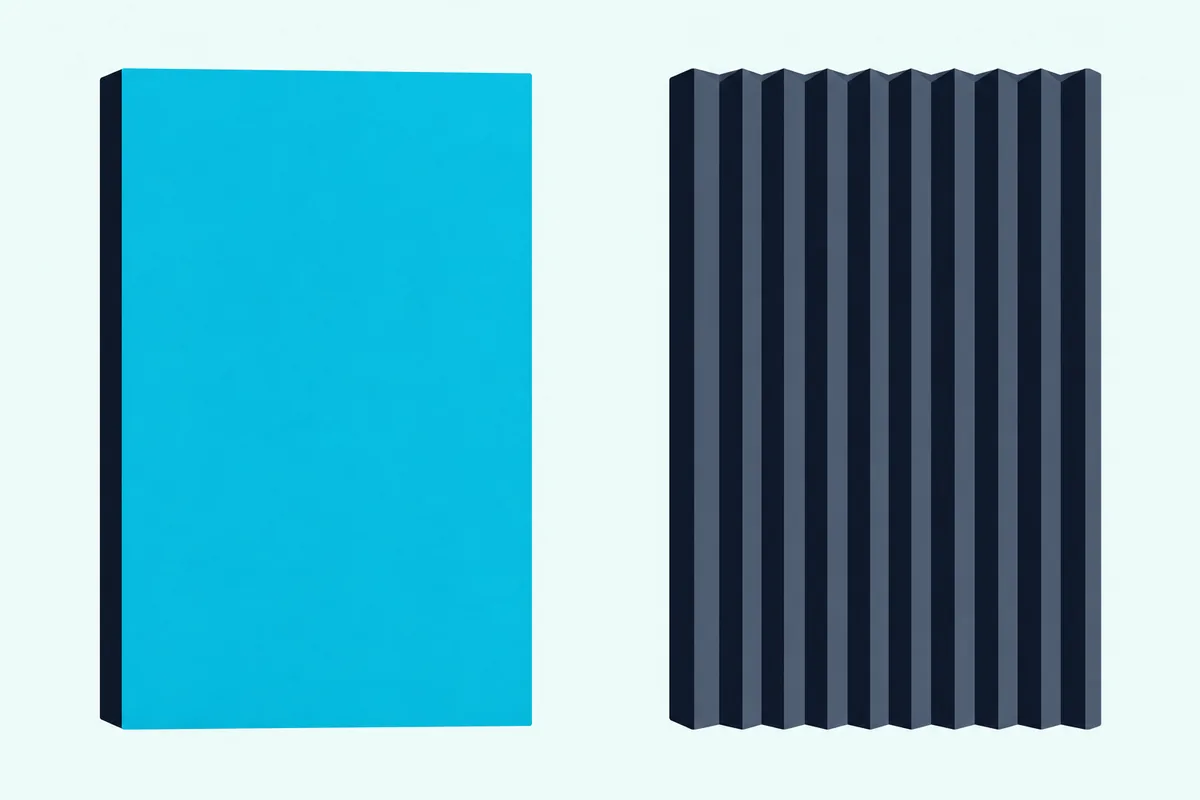 A fabric-wrapped fiberglass panel and a wedge foam panel of the same size side by side on a wall