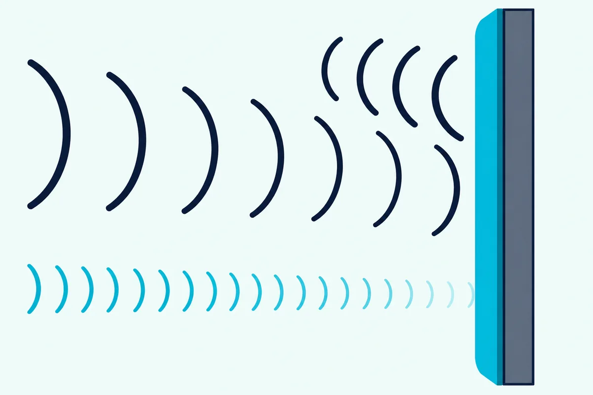 A felt-covered wall where short, tightly spaced sound waves fade into the felt while long, widely spaced waves bounce back