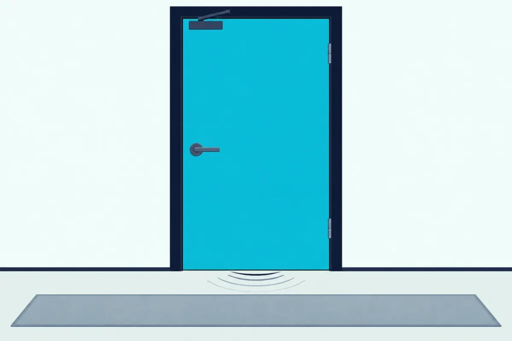 A fire door with a closer in a bright apartment hallway, with faint sound waves slipping out underneath