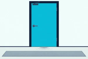 A fire door with a closer in a bright apartment hallway, with faint sound waves slipping out underneath