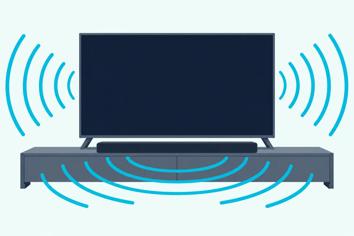 A flat TV and a soundbar below it, both sending out soft curved sound waves into the room together