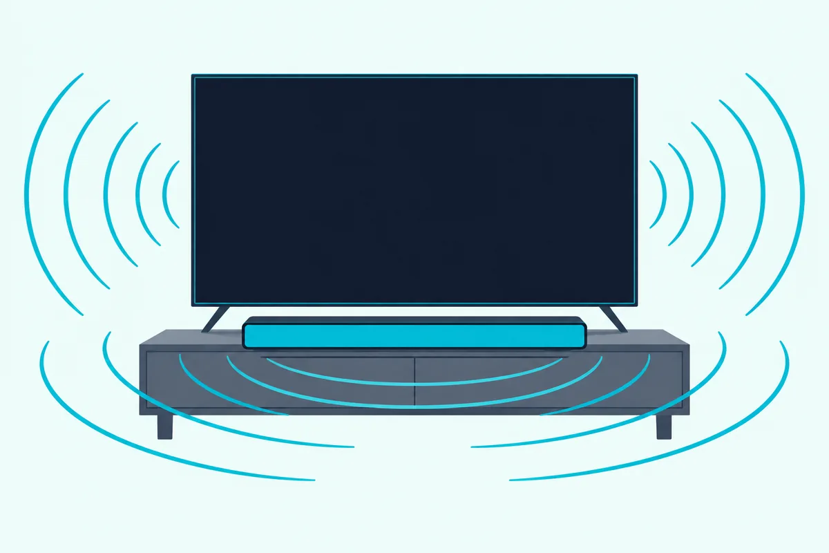 A flat TV and a soundbar below it on a low stand, both sending out soft curved sound waves into the room together