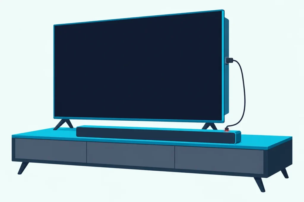 A flat TV and a soundbar on a low stand joined by a thin optical cable with a red-lit plug