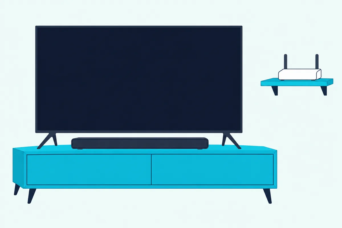 A flat TV on a low stand with a slim soundbar below it, no cable between them, and a small Wi-Fi router on a nearby shelf
