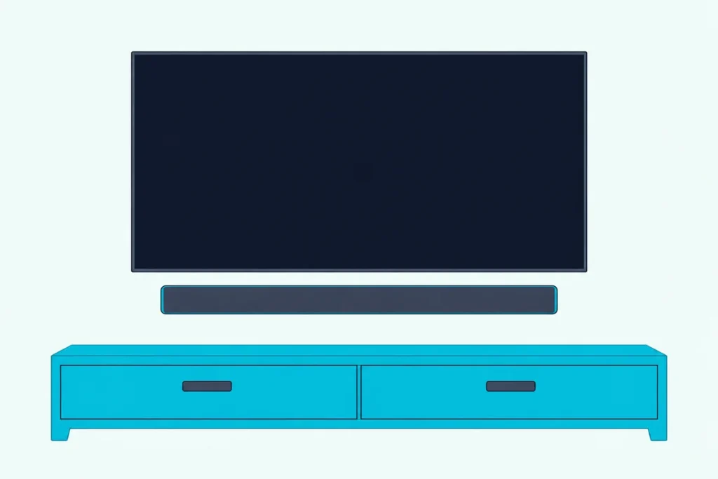 A flat TV on a living room wall with a slim soundbar mounted just below it and no cables in sight