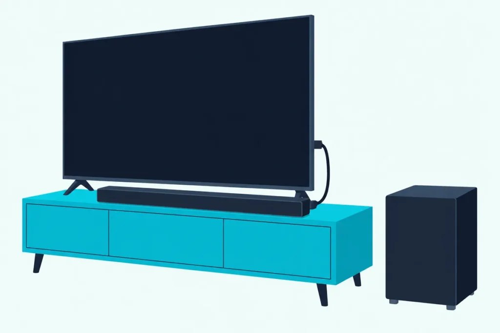 A flat TV on a low console with a slim soundbar below it, a subwoofer beside it and one short HDMI cable