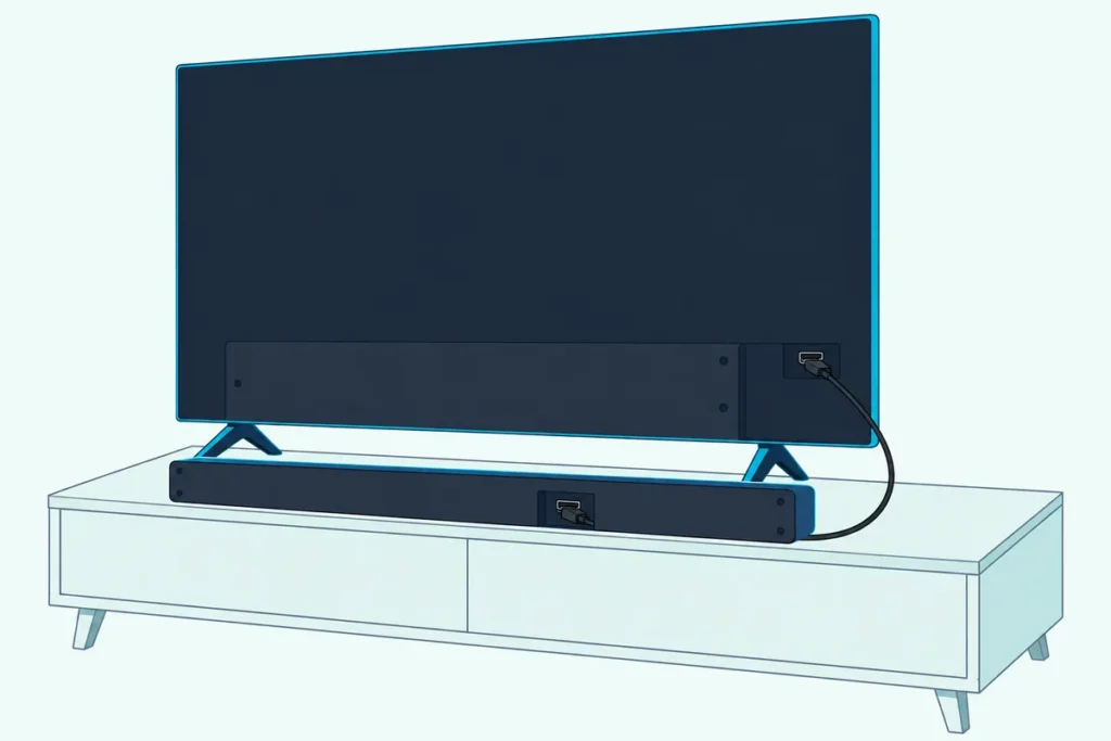 A flat TV on a low media console with a slim soundbar in front of it and one HDMI cable running between them