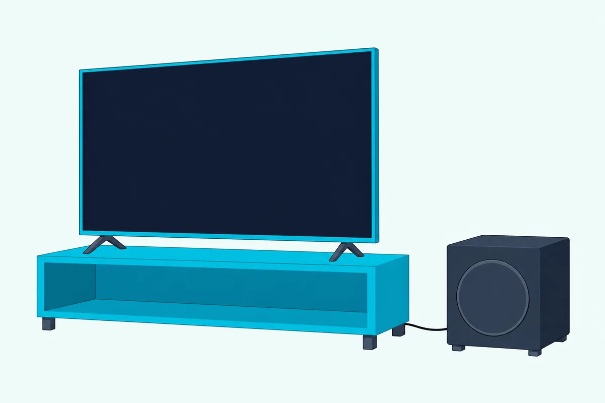 A flat TV on a low stand with a single cable running from its back to a powered subwoofer on the floor beside it